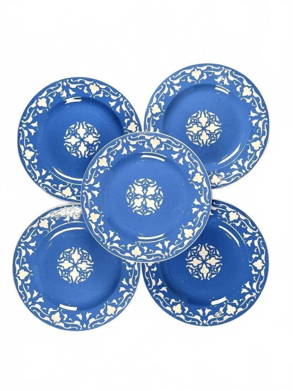Set of 5 Antique Opaque de Sarreguemines Blue Cream Relief Plates France 1880s
